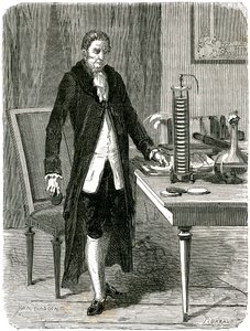 Alessandro Volta, italiensk fysiker, demonstrerar sitt elektriska högbatteri, c1800 c1870 av Unbekannt