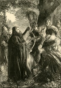 Alfred den store, förklädd till en harpare, spelar före Guthrum, 878, 1890. av Unbekannt