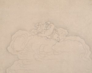 En odödlig på ett moln med ett par persikor, 1900-talet. av Unbekannt