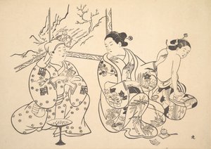 En Oiran som sitter i en salong tillämpar brandbehandlingen på en annan kvinnas blottade rygg. av Unbekannt