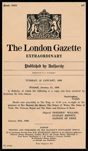 En extraordinär bulletin från The London Gazette som tillkännager kung George Vs död 1865-1936 av Unbekannt