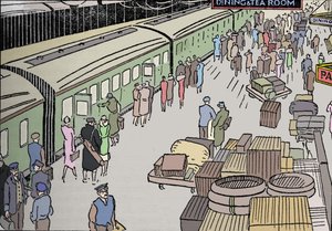 En illustration av en järnvägsstation från 1930-talet, 1937 av Unbekannt