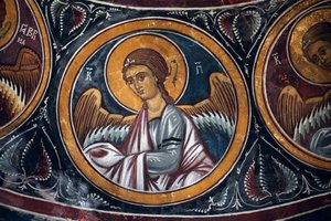 Ängelmedaljong runt Kristus och den sista domen Detalj av den bysantinska fresken från Narthex-valvet i kyrkan i Asinou Senaste domsscen 1300-talet (1332) UNESCO, världsarv Troodos-regionen, Cypern av Unbekannt