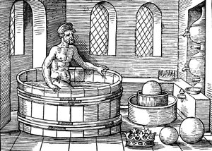 Arkimedes c287-212 f.Kr., antik grekisk matematiker och uppfinnare, i sitt bad av Unbekannt