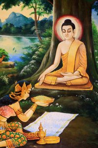 Den asketiske Buddha erbjöds en skål med mjölk-rismåltid på morgonen av sin upplysning av Nandabala. Målning som skildrar Shakyamuni Buddhas livshistoria. Wat Ong Teu Vackert. Den tunga Buddhas tempel. Ventiane. Laos, 20151028, Vientiane, Laos av Unbekannt