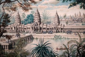 Asian Civilizations Museum, Angkor, Utforska Kambodjas heliga stad, Vy över Angkor Wat, Tryck på en teckning av Jacques Guiaud efter en skiss av Henri Mouhot, Vy över Angkor Wat av Louis Delaporte omkring 1870-73, Singapore, 2018 (foto) av Unbekannt