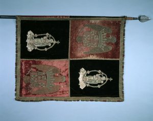 Banderoll med ett inkvarterat kungligt vapen från Spanien och Madonnan och barnet, 1500-talet. av Unbekannt