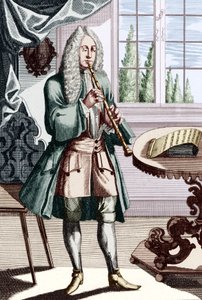 Barock oboe musiker bildtext lyder - Man playing hautboy (eller hautbois) vilket är tidig oboe Gravyr av J C Weigel (1661-1726) från Musikalisches Theatrum. av Unbekannt