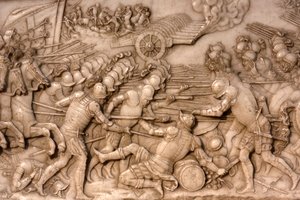 Basilica of St, Denis, Tomb of Francis 1 kung av Frankrike och Claude av Frankrike, Foundations lågrelief, Skildring av slaget vid Marignano 1515 - fransmännen och deras artilleri vända mot det gamla schweiziska konfederationen, Saint-Denis, Frankrike av Unbekannt