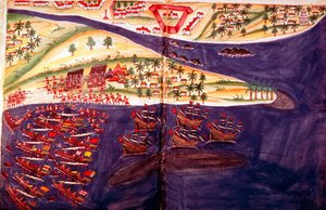 Strid mellan muslimer och portugiser vid Surat, Gujarat nära Bombay, Indien, c1500-talet av Unbekannt