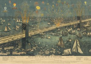 Fågelperspektiv över Great New York och Brooklyn Bridge, och Grand Show of Fireworks ..., 1883. av Unbekannt