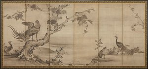 Fåglar, blommor och träd: på baksidan, bambuträd, Momoyama-perioden, 1568-1615. av Unbekannt