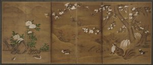 Fåglar, årstidernas blommor och civetkatter, Muromachi- eller Momoyama-perioden, 1500-talet. av Unbekannt