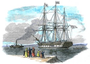 Brittiskt emigrantskepp bogseras ut ur hamnen innan det seglar mot Sydney, Australien av Unbekannt