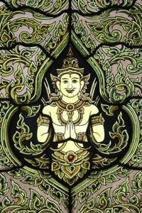 Buddha. Fönster i målat glas. Marmor tempel. Wat Benchamabophit Dusitvanaram Ratchaworawiharn. 1899. Bangkok. Thailand av Unbekannt