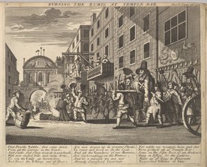 Burning the Rumps at Temple Bar Plate 11: Illustrationer till Samuel Butlers Hudibras, 1725-30. av Unbekannt