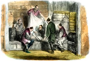 Köper kamletter i en butik, Yokohama, Japan, 1865 av Unbekannt