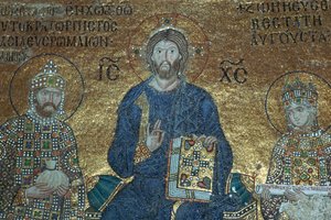 Bysantinsk mosaik som visar Kristus tronande mellan jordiska härskare, 1100-talet av Unbekannt