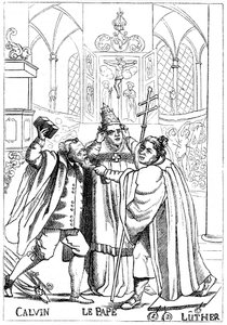 Calvin, Luther och påven kämpar mot varandra, publicerad 1600 av Unbekannt