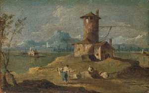 Capriccio med en ö, ett torn och hus, 1700-talet. av Unbekannt