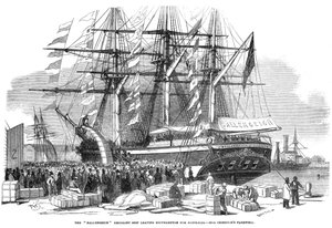 Caroline Chisholm talar till en folkmassa från emigrantskeppet Ballengeich, 1852 av Unbekannt