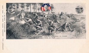 Anklagelsen från Rough Riders mot spanjorerna i Bakhåll, La Quasina, 24 juni 1898, c1900 av Unbekannt