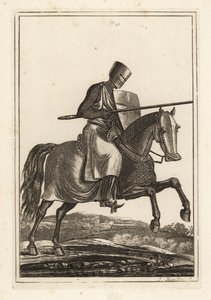 Laddande riddare från 1100- och 1200-talet i ringbrynja hauberk, platt hjälm, lans, värmesköld, shin pansar jamesons, krigssadel av Unbekannt