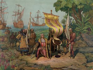 Christopher Columbus (1451 - 1506) hävdar den "nya världen" för Spanien (litografi) av Unbekannt