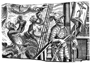 Christopher Columbus under sin resa till Amerika, Gravyr, c1500 av Unbekannt
