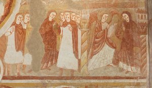 Kyrka (Église Saint-Martin). Interiör. Väggmålningar (fresk). Vagnhusets västra vägg. Detalj. Anklagelse och tillkännagivande av Jungfrun. 1100-talet. av Unbekannt