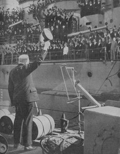 Churchill svarar på jublet från besättningen på HMS Prince of Wales, 1941 av Unbekannt
