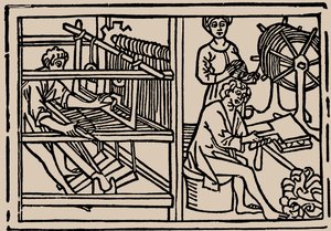 Kamning, spinning och vävning av ull. Från Speculum Vitae Humanae av Rodericus Zamorensis, 1479. av Unbekannt