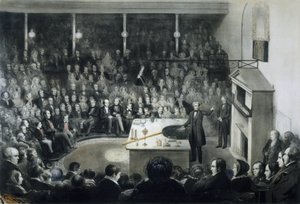 Föreläsning av fysikern Michael Faraday (1791-1867) framför Royal Institution i London den 27 december 1855 i närvaro av prins Albert av Saxe Cobourg Gotha (Saxe-Cobourg-Gotha) av Unbekannt