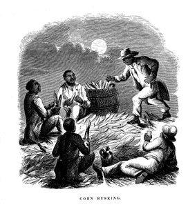 Corn Husking, svarta arbetare som skalar majs, södra USA, c1850 av Unbekannt