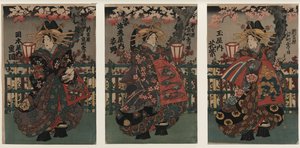 Kurtisanerna Shigeoka, Sugatano och Hanamurasaki. Triptyk. Från serien The Beautys of the Yoshiw av Unbekannt