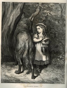 När den korsar skogen möter den lilla rödluvan vargen. Gravyr av Gustave Dore (1832-1883) från "" Les contes"" av Charles Perrault (1628-1703) av Unbekannt