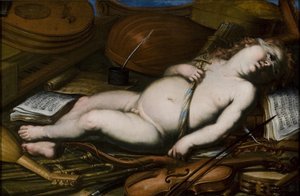 Cupid bland musikinstrument, mitten av 1600-talet av Unbekannt