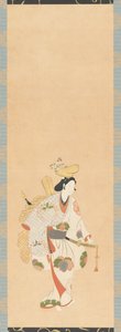 Dansare i vit klänning, mönstrad med färgade löv..., Edo-period, Kambun-eran, 1661-1673. av Unbekannt