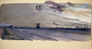 Början av flyget: Louis Paulhan (1884-1963) passerar över ett järnvägsspår ombord på sitt biplan under det 300 km långa London/Manchester raklinjeloppet den 27 och 28 april 1910 av Unbekannt