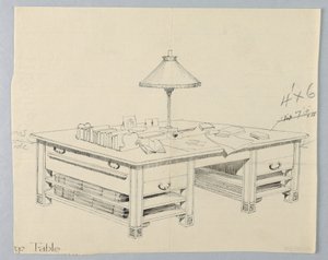Design för massivt biblioteksförvaringsbord med två öppna bårhyllor på vardera sidan, 1900–05 av Unbekannt