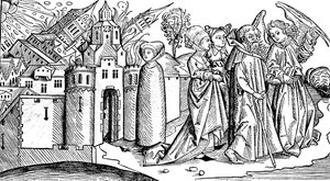 Förstörelse av Sodom och Gomorra genom jordbävning, 1493 av Unbekannt