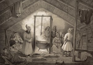 Interiören i en bondgård i Finnmark. Illustration hämtad från boken Norge producerad i Drawings av Asbjørnsen, P.Chr. och utgiven av Chr. Tønsberg (nr, 1848) Söndagsklädda samer i ett vardagsrum. «Trästugor (...) förekommer endast undantagsvis vid Sölapper av Unbekannt