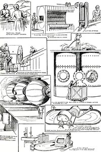 Diagram som illustrerar beredningen av trasor och espartogräs för papperstillverkning, c1917 av Unbekannt