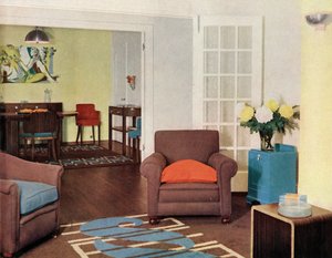 Matsal och lounge i en rekonstruerad lägenhet i London för Mrs Harry Ewbank vid Bryanston Court av Unbekannt