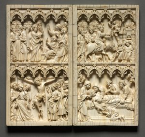 Diptyk med scener ur Kristi liv vänsterflygel: Lazarus uppståndelse och korsfästelse, ca. 135 av Unbekannt