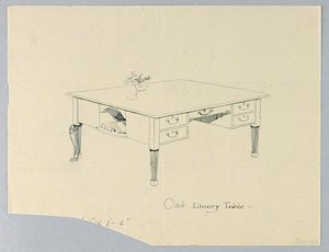 Ritning, design för biblioteksbord med sidnisch och benvariation indikerad av Unbekannt