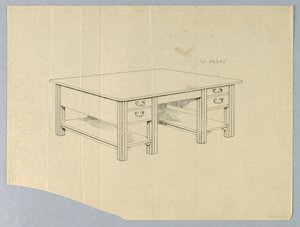Ritning, design för massivt biblioteksbord med fyrkantiga räfflade ben och öppna bårhyllor av Unbekannt