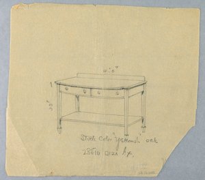 Ritning, design för serveringsbord med två lådor och konvex front, 1900-05 av Unbekannt
