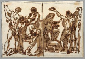 Teckning, Salomos dom; Marsyas dödande, ca 1820 av Unbekannt