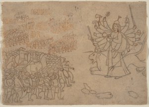 Durga konfronterar Army of the Demon Chikshura: Scen från Devi Mahatmya, ca. 1780. av Unbekannt